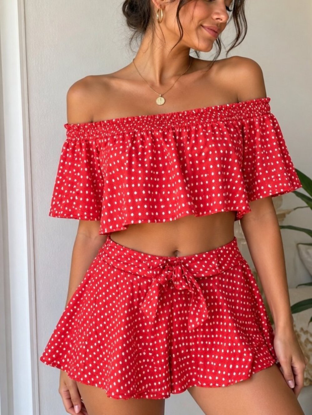 Polka Dot Mini Skirt Womens Small Pink White Flowy Tie Waist